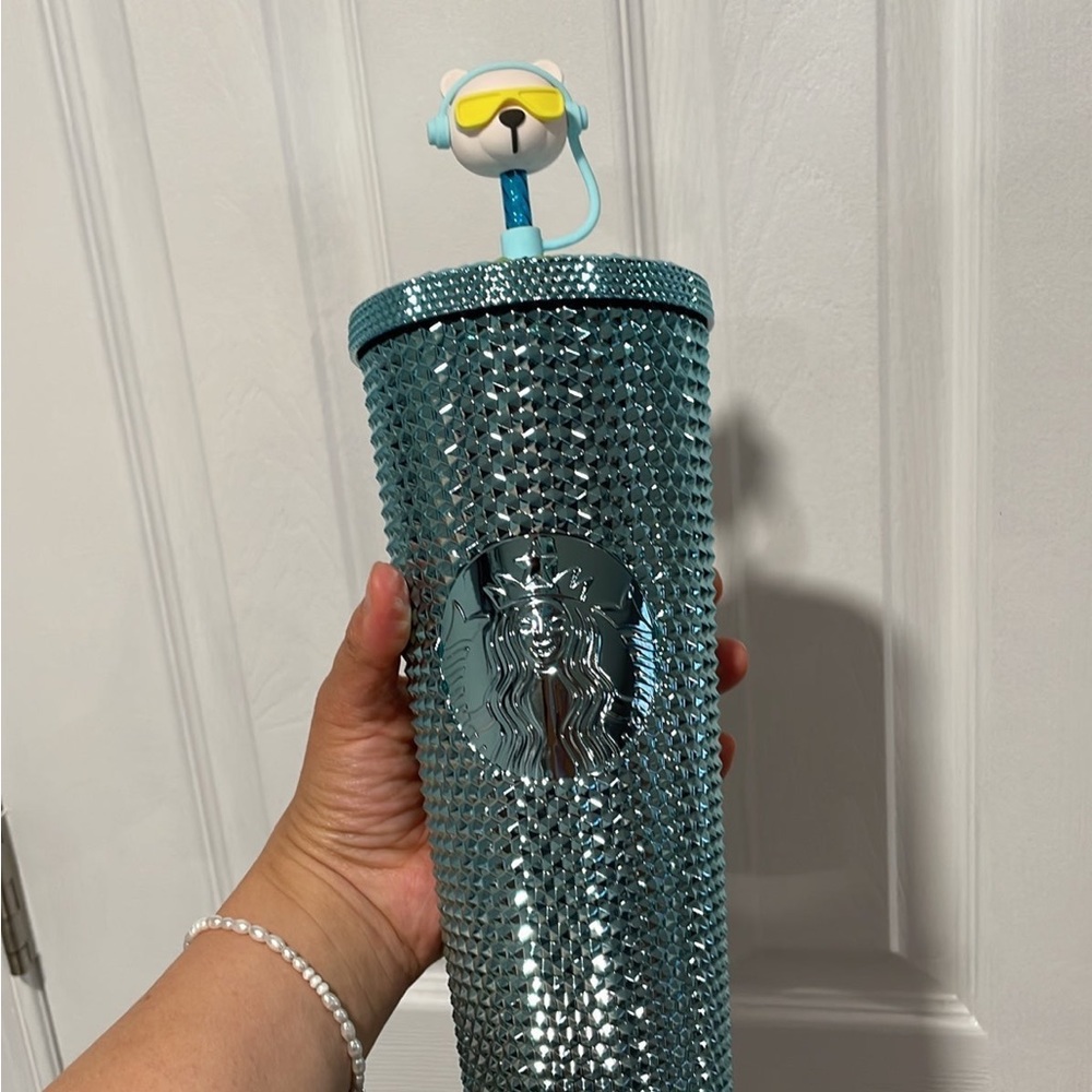 Starbucks 2023 Taiwan Chrome Blue Music Bear Topper 24oz Studded Cup Tumbler